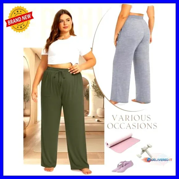 Plus Size Wide Leg Pants 3-Pack Stretchy Drawstring Waist with Pockets - Picture 6 of 7